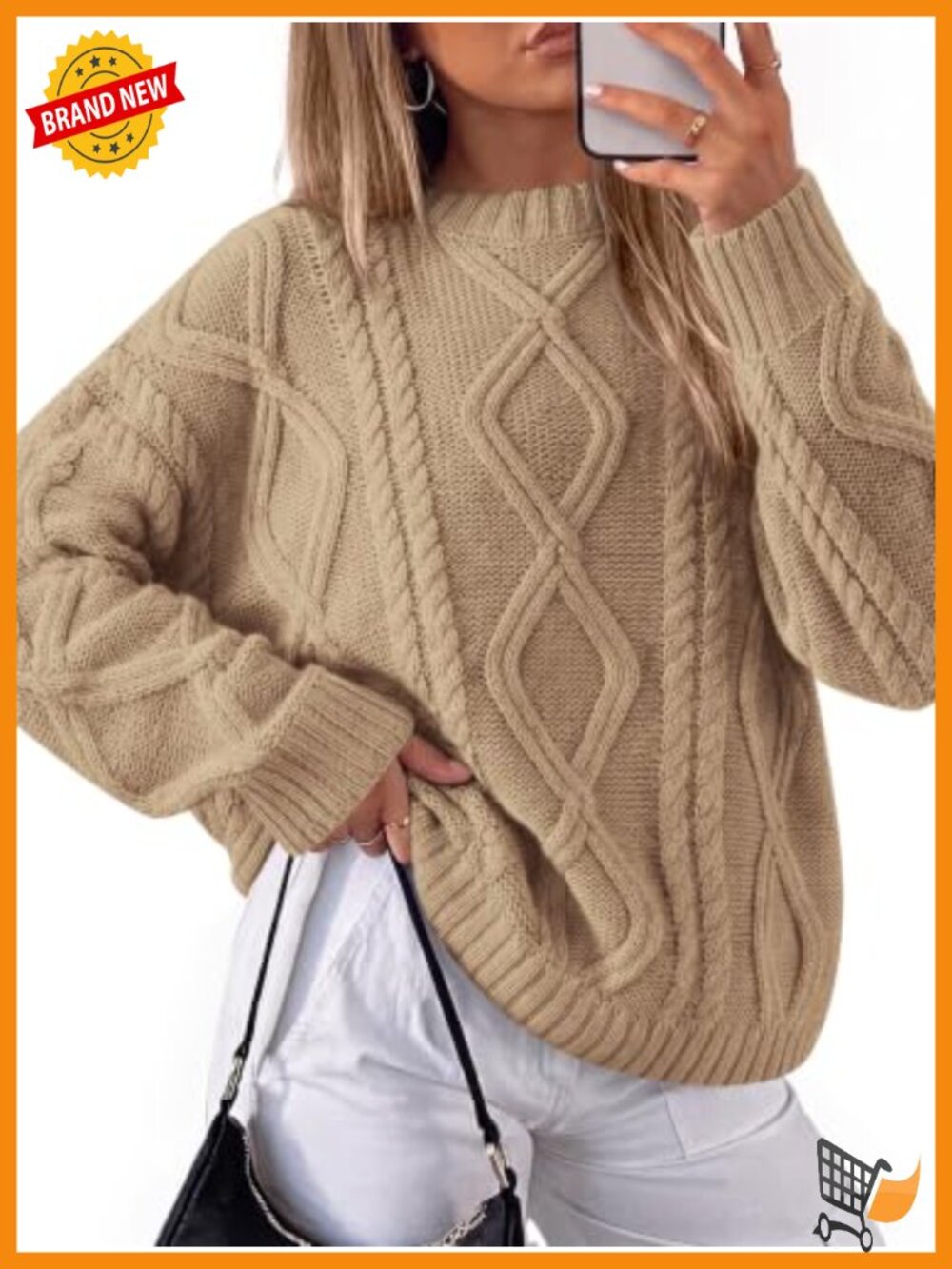 Oversized Cable Knit Sweater Pullover Crew Neck Lantern Sleeve